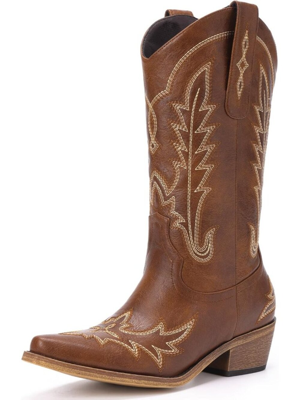 Women Brown (PU) Pull-on Cowgirl Embroider Chunky Heel Pointed Toe Boot